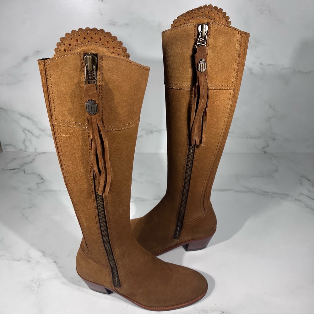 Fairfax & Favor Heeled Regina Tan Suede Leather Tall Tassel Pull Riding Boots